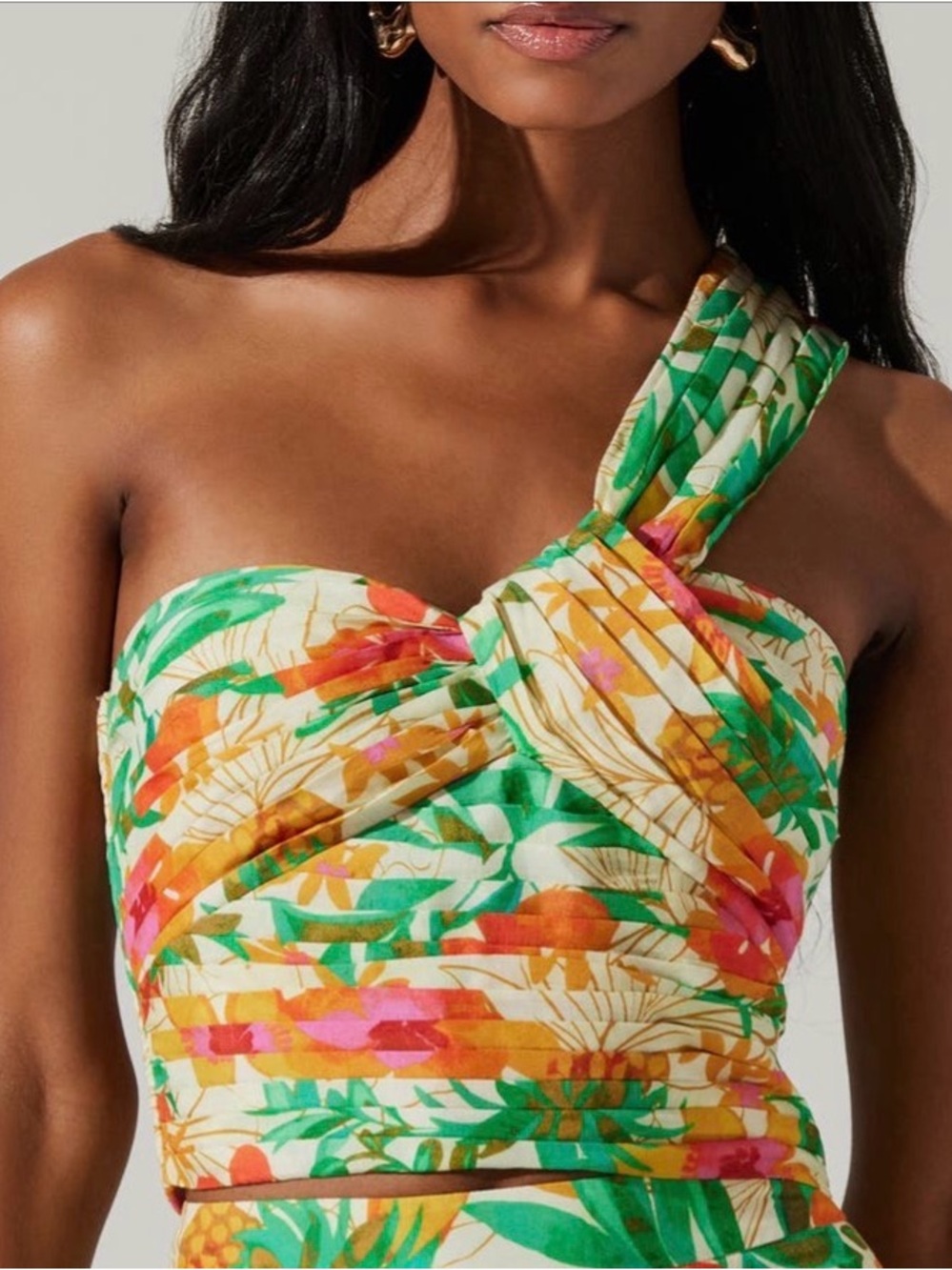 Astr Tropical One-Shoulder Crop Top in Green, Yellow & Pink
